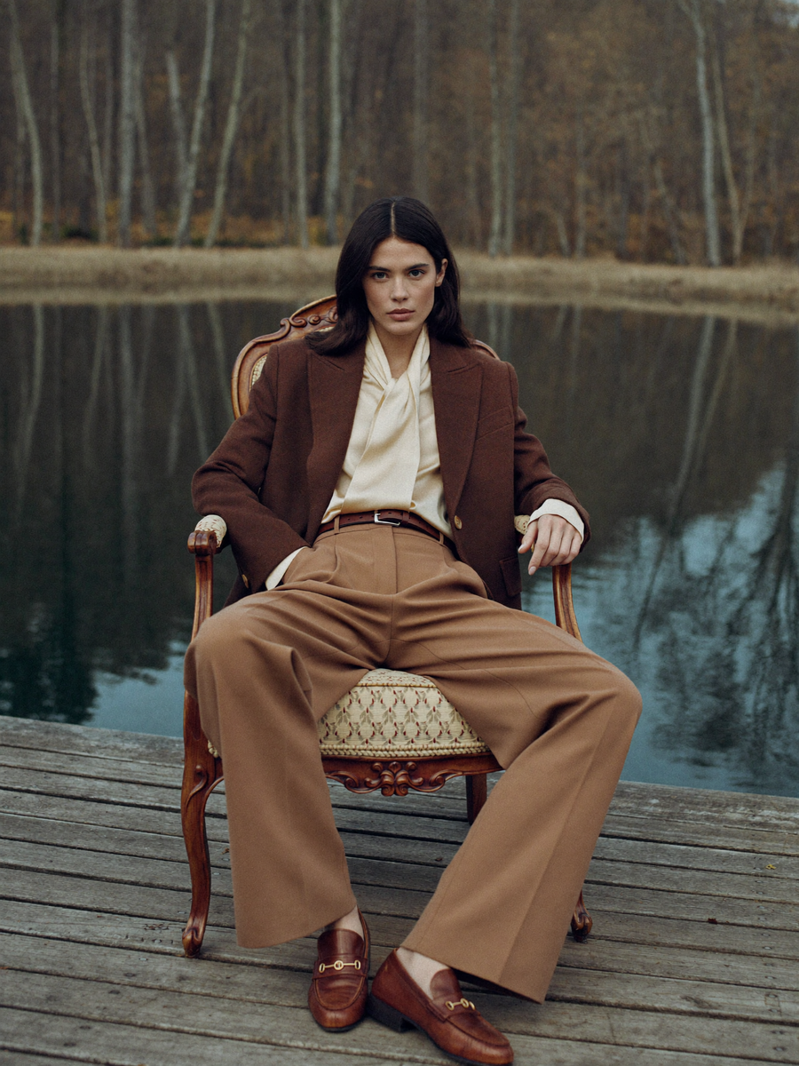 The chocolate wool blazer, cream silk and wide trousers