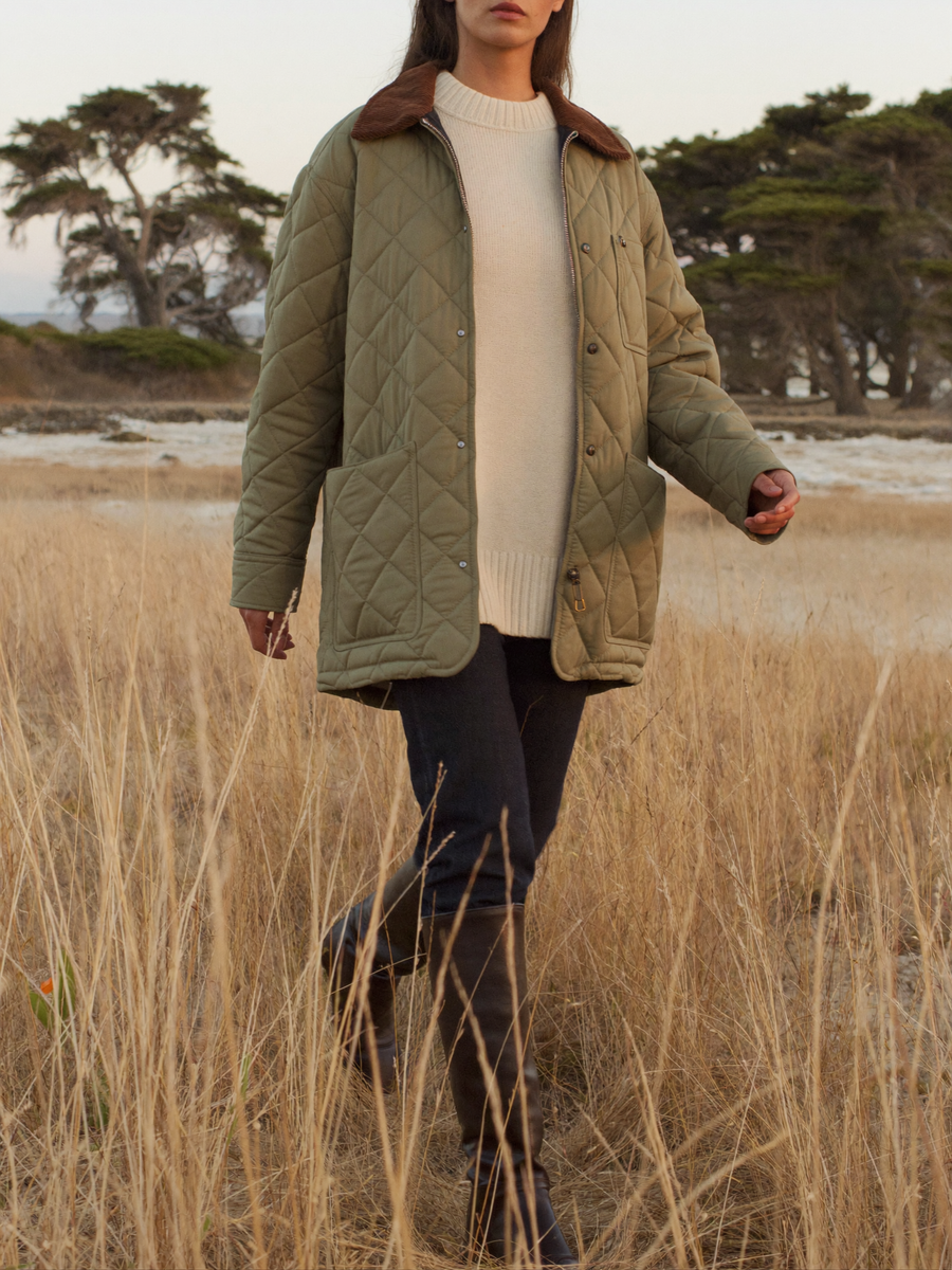 Quilted barn jacket, fisherman knit, riding boots