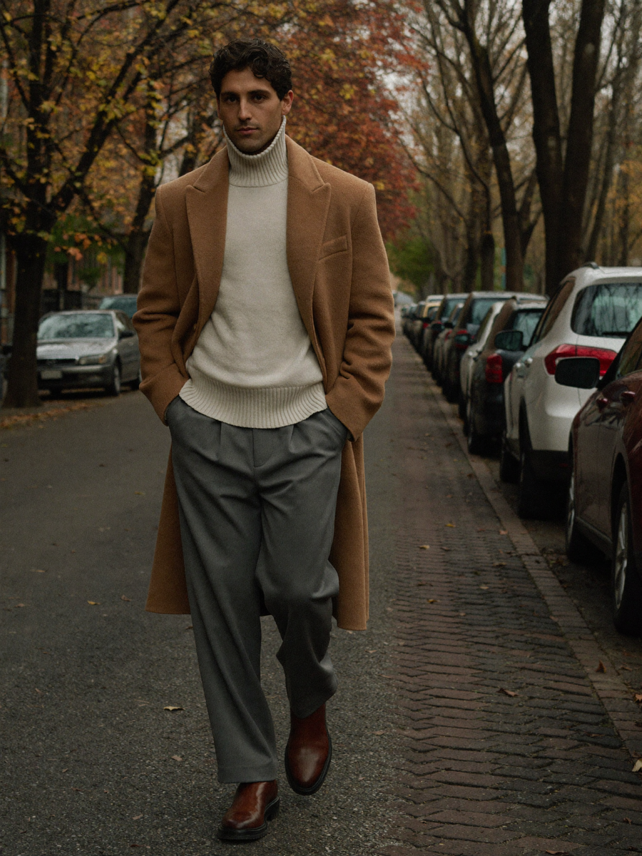 Camel overcoat and cream roll-neck