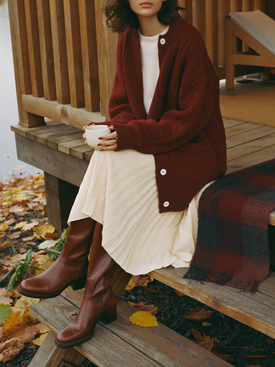Burgundy cardigan and pleated midi skirt